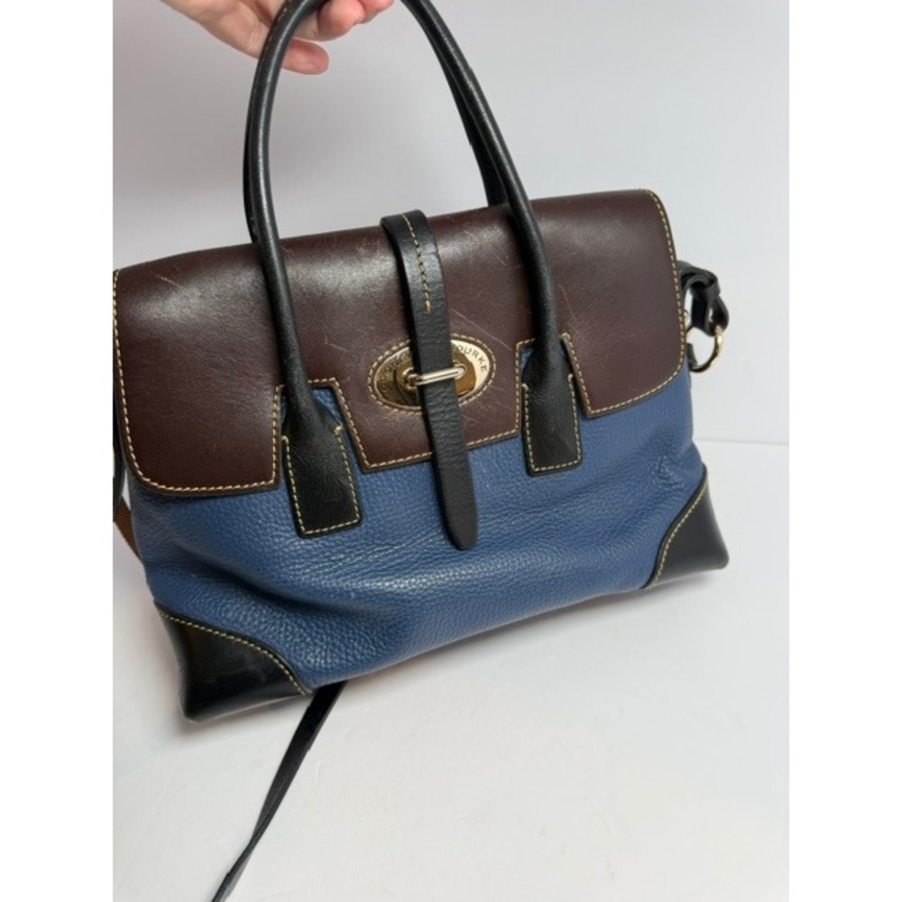 Dooney & Bourke Navy Blue Pebbled Leather Elisa Satchel Brown Trim J10831022